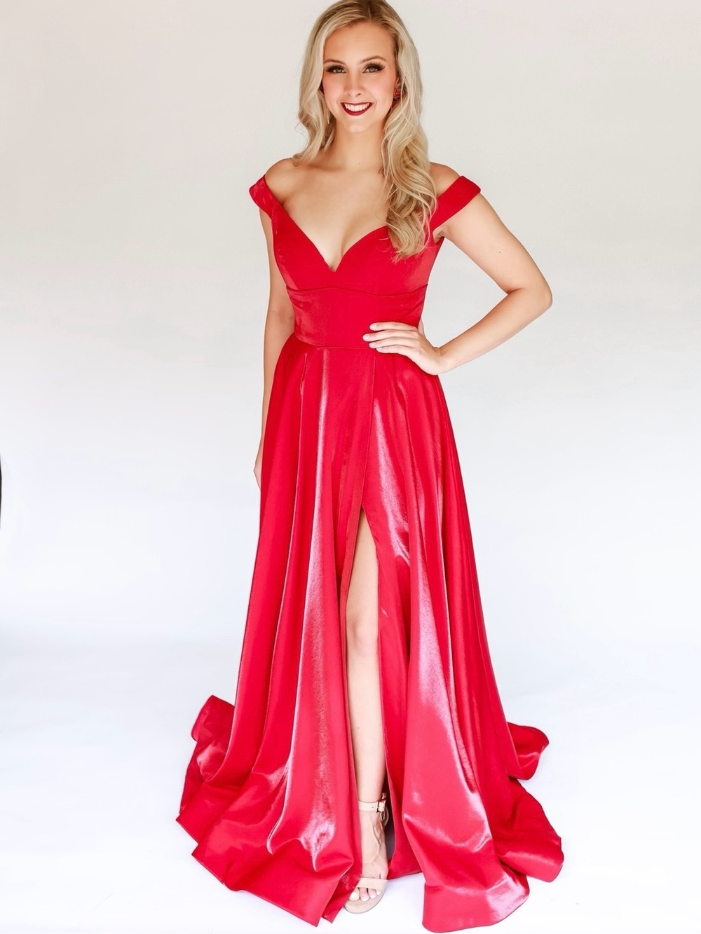 Sherri Hill Red Off-Shoulder Satin Prom or Pageant Gown with High Slit